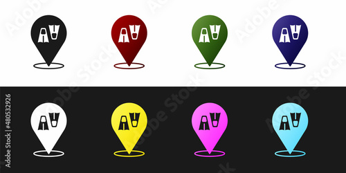 Set Rubber flippers for swimming icon isolated on black and white background. Diving equipment. Extreme sport. Diving underwater equipment. Vector