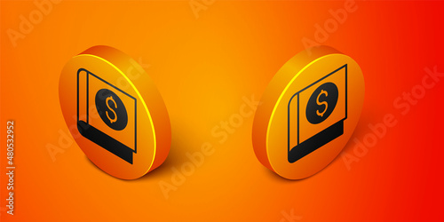 Isometric Financial book icon isolated on orange background. Orange circle button. Vector