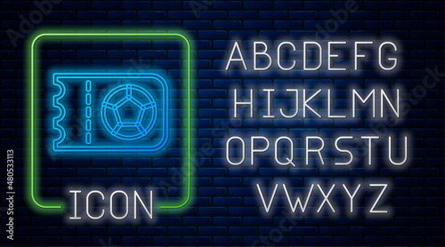 Glowing neon Football or soccer ticket icon isolated on brick wall background. Neon light alphabet. Vector