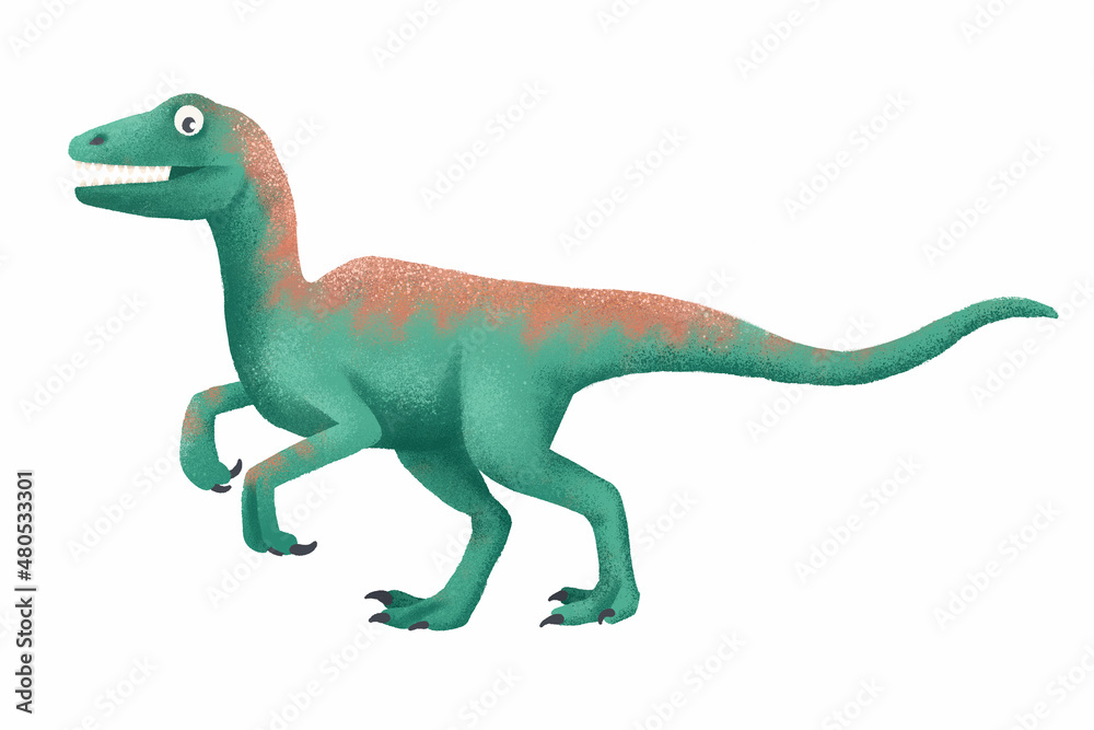 Velociraptor illustration, hand drawn, isolated on light background.