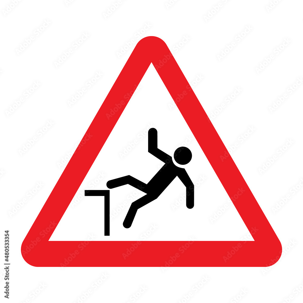 Falling hazard warning sign. Vector illustration of red triangle sign with falling man icon inside. Be careful. Caution risk of falling symbol isolated on white background. Falling hazard warning sign. Vector illustration of red triangle sign with falling man icon inside. Be careful. Caution risk of falling symbol isolated on white background.