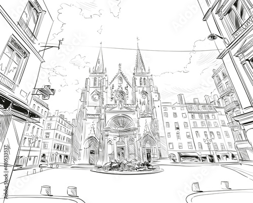 France. Lyon. Church of Saint Nizier. Hand drawn sketch. Vector illustration.