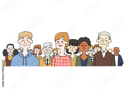 さまざまな人種と年齢の人物が立っているイラスト　社会の多様性　温かみのある手描きの人物