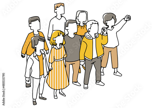 斜め上から見た群衆　直立して見物する人々　温かみのある手描きの人物イラスト　白バックにベクター