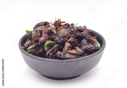 Fried insects, fried crickets with grasshoppers and kaffir lime leaves in a black cup with separate servings on a white background