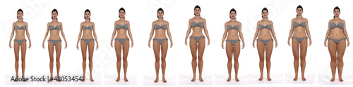 3D Render : the diversity of female body shape including  ectomorph (skinny type), mesomorph (muscular type), endomorph(heavy weight type) ,front view