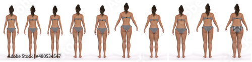 3D Render : the diversity of female body shape including  ectomorph (skinny type), mesomorph (muscular type), endomorph(heavy weight type), back view photo