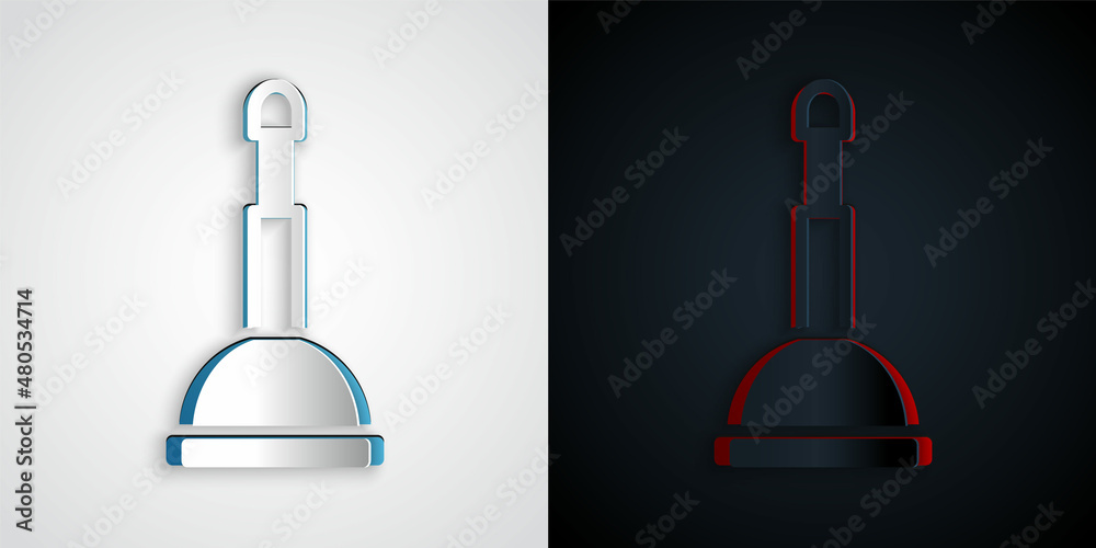 Paper cut Rubber plunger with wooden handle for pipe cleaning icon isolated on grey and black background. Toilet plunger. Paper art style. Vector Paper cut Rubber plunger with wooden handle for pipe cleaning icon isolated on grey and black background. Toilet plunger. Paper art style. Vector