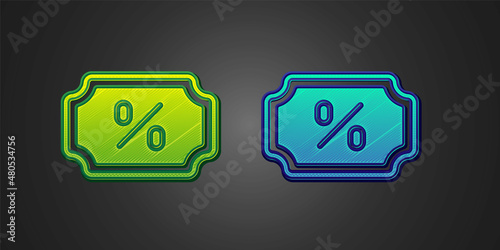 Green and blue Discount percent tag icon isolated on black background. Shopping tag sign. Special offer sign. Discount coupons symbol. Vector