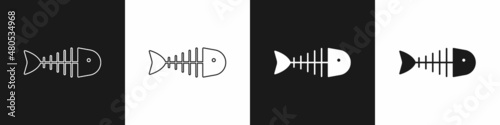 Set Fish skeleton icon isolated on black and white background. Fish bone sign. Vector