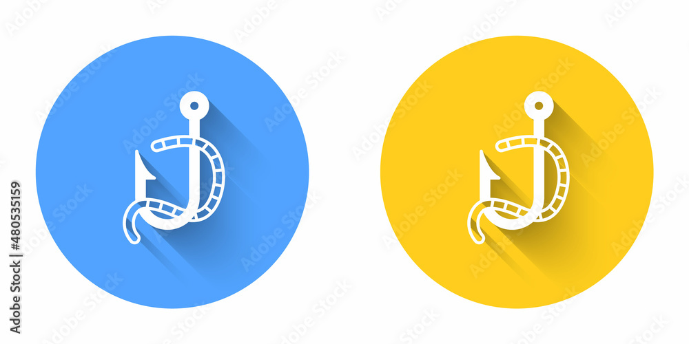 White Fishing hook and worm icon isolated with long shadow background. Fishing tackle. Circle button. Vector White Fishing hook and worm icon isolated with long shadow background. Fishing tackle. Circle button. Vector