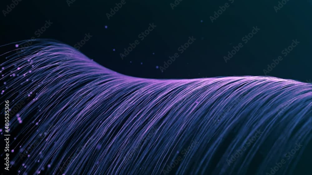 Many PURPLE LINES FORM wave and disappear. Use for background. GLOW PARTICLES orange lines. SPIRAL structures. LIGHTING effects. Animation. Gradient. Futuristic. BLUE dark background.