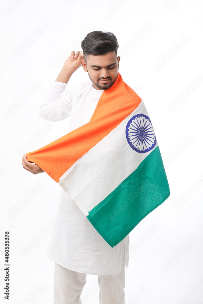 Young indian man with indian flag on white background. Stock Photo | Adobe  Stock