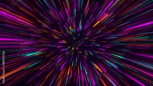Glowing NEON RAYS motion in SPACE, lightspeed journey through time continuum. 3D ANIMATION with purple pink neon lights. FUTURISTIC and ABSTRACT colorful background. WALLPAPER. DIGITAL Design Concept
