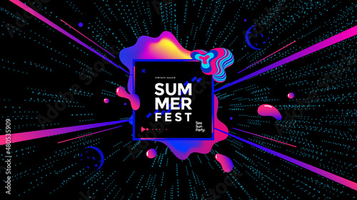 Summer fest wide poster design template with colorful liquid form. Cover in vaporwave style. Electronic Music Neon flyer of the 80s and 90s. photo
