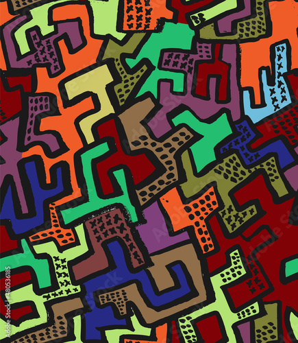 Geometric Colorful  Hand Drawn Vector Seamless Pattern. Brush Drawn Design for Fabric, Wrapping Paper, Gift Cards etc.