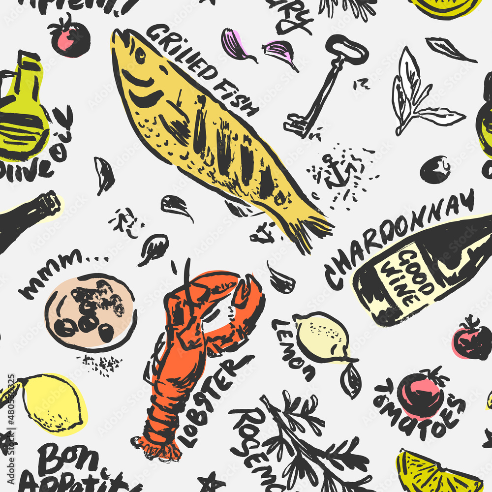 Obraz premium Grilled Fish and Seafood Vector Seamless Pattern. Hand Drawn with a Brush Cooking Ingredients with Written Names. Design for Cafe Menu Cover, Flyer, Brochure, etc.