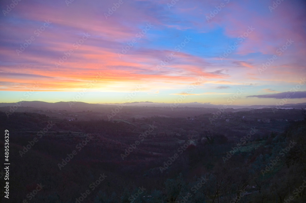 Dramatic Sunrise Over the Hills of Tuscany Italy