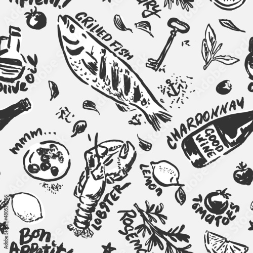 Grilled Fish and Seafood Vector Seamless Pattern. Black and White Hand Drawn with a Brush Cooking Ingredients with Written Names. Design for Cafe Menu Cover, Flyer, Brochure, etc.