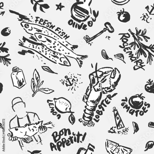 Fresh Fish and Seafood Vector Seamless Pattern. Black and White Hand Drawn with a Brush Cooking Ingredients with Written Names. Design for Cafe Menu Cover, Flyer, Brochure, etc.
