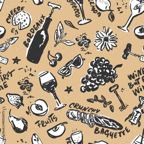 Summer Picnic - Wine, Fruits and Cheese Vector Seamless Pattern. Food Hand Drawn with a Brush with Written Names. Design for Cafe Menu Cover, Flyer, Brochure, etc.
