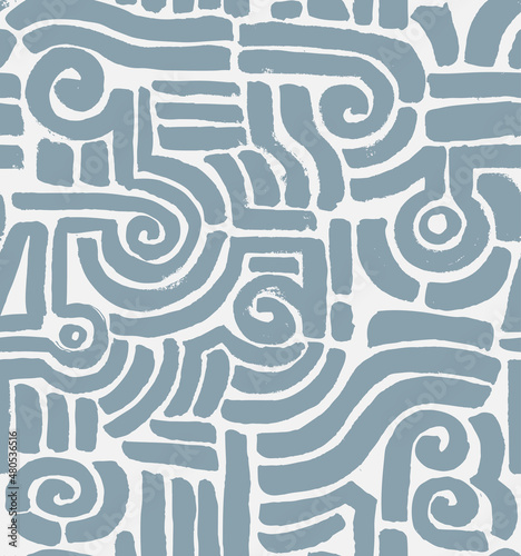 Geometric Ethnic  Hand Drawn Vector Seamless Pattern. Blue Design for Fabric, Wrapping Paper, Gift Cards etc.
