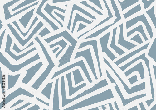 Geometric Ethnic  Hand Drawn Vector Seamless Pattern. Labirynth  Blue and White Design for Fabric, Wrapping Paper, Gift Cards etc.
