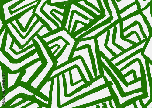 Geometric Ethnic  Hand Drawn Vector Seamless Pattern. Labirynth Green and White Design for Fabric, Wrapping Paper, Gift Cards etc.
