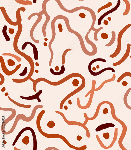 Abstract Waves and Dots  Hand Drawn Vector Seamless Pattern. Organic Nature Neutral Color Design for Fabric, Wrapping Paper, Gift Cards etc.
