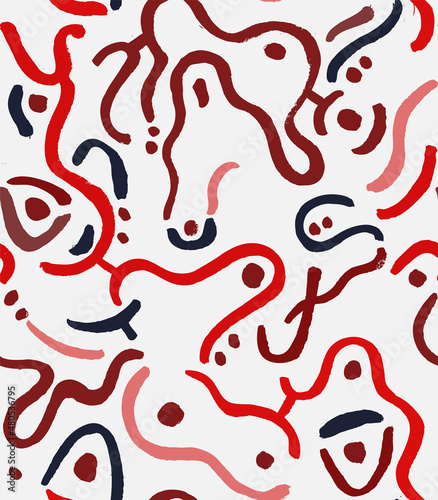 Abstract Wavy Seamless Pattern. Red Hand Drawn with a Brush Ribbons and Dots. Trendy Vector Design for Fabric, Wrapping Paper, Gift Cards etc.