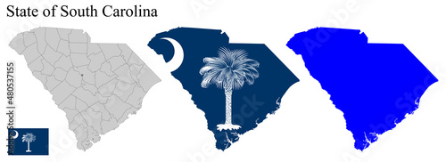 Set of maps of South Carolina (USA). Flag on the map. Silhouette of the card