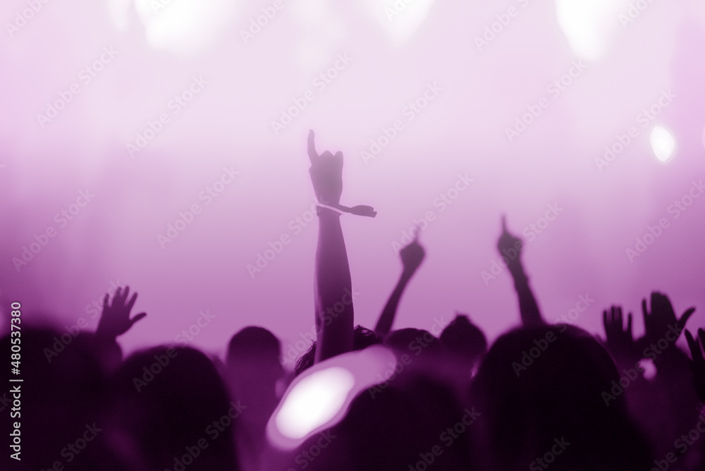 Rear view of crowd with arms outstretched at concert Rear view of crowd with arms outstretched at concert