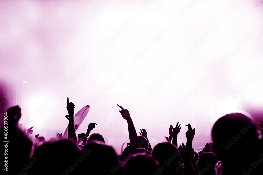 Crowd at a music concert, audience raising hands up, toned Crowd at a music concert, audience raising hands up, toned