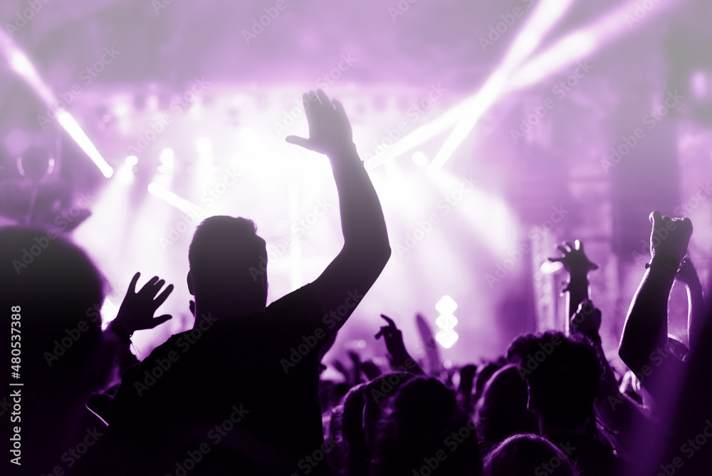 Crowd at a music concert, audience raising hands up, toned Crowd at a music concert, audience raising hands up, toned