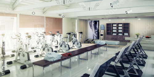 Stationary Bikes Inside a Fitnes Center - panoramic 3D Visualization