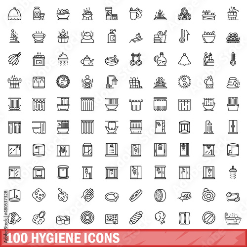 100 hygiene icons set, outline style