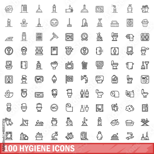 100 hygiene icons set, outline style