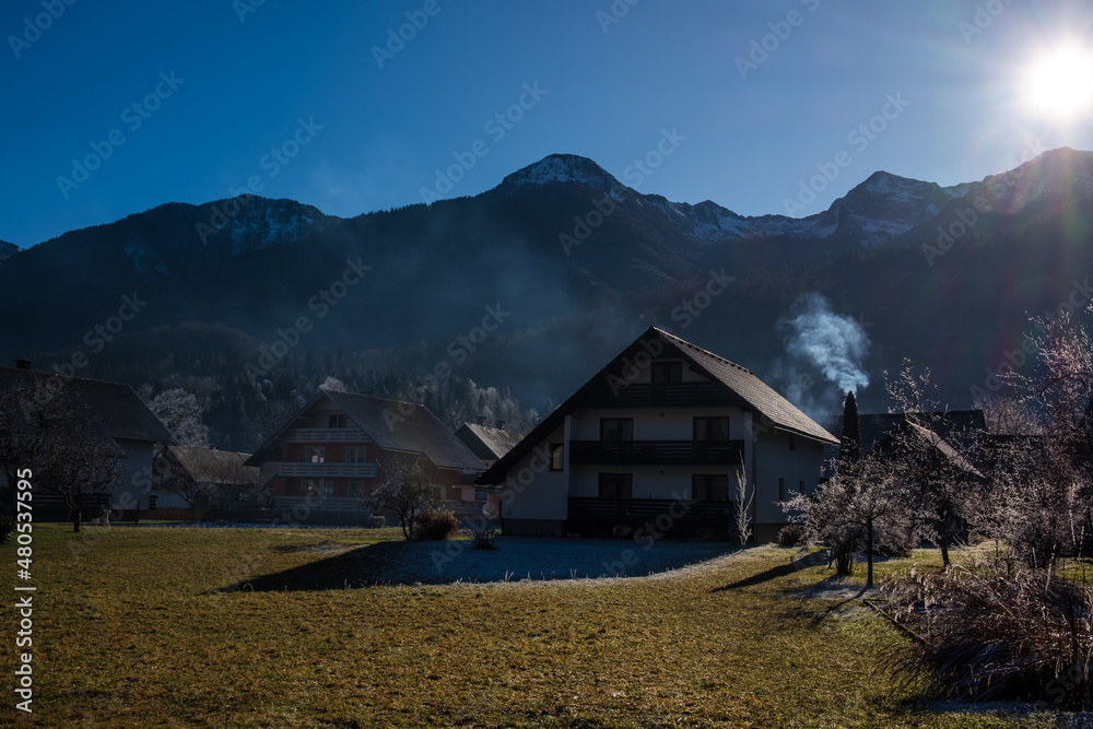 Winter morning in the village mountains
