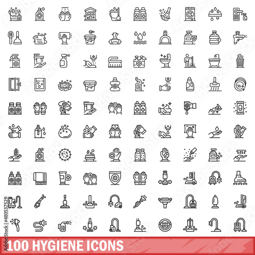 100 hygiene icons set, outline style