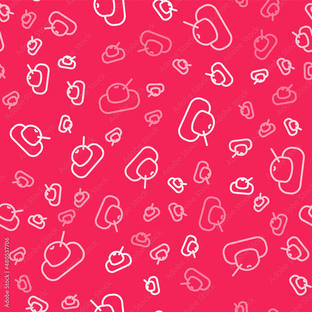 White line Mochi icon isolated seamless pattern on red background. Japanese traditional weet soft dessert. Ball of rice flour with bean paste. Vector White line Mochi icon isolated seamless pattern on red background. Japanese traditional weet soft dessert. Ball of rice flour with bean paste. Vector