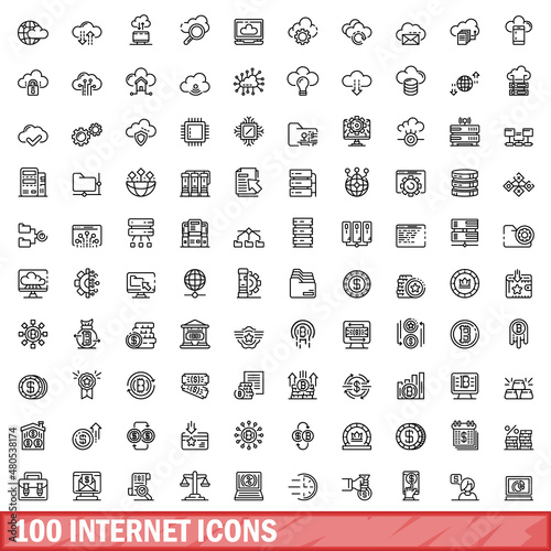 100 internet icons set, outline style