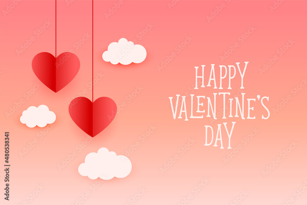 happy valentines day hanging hearts and clouds background