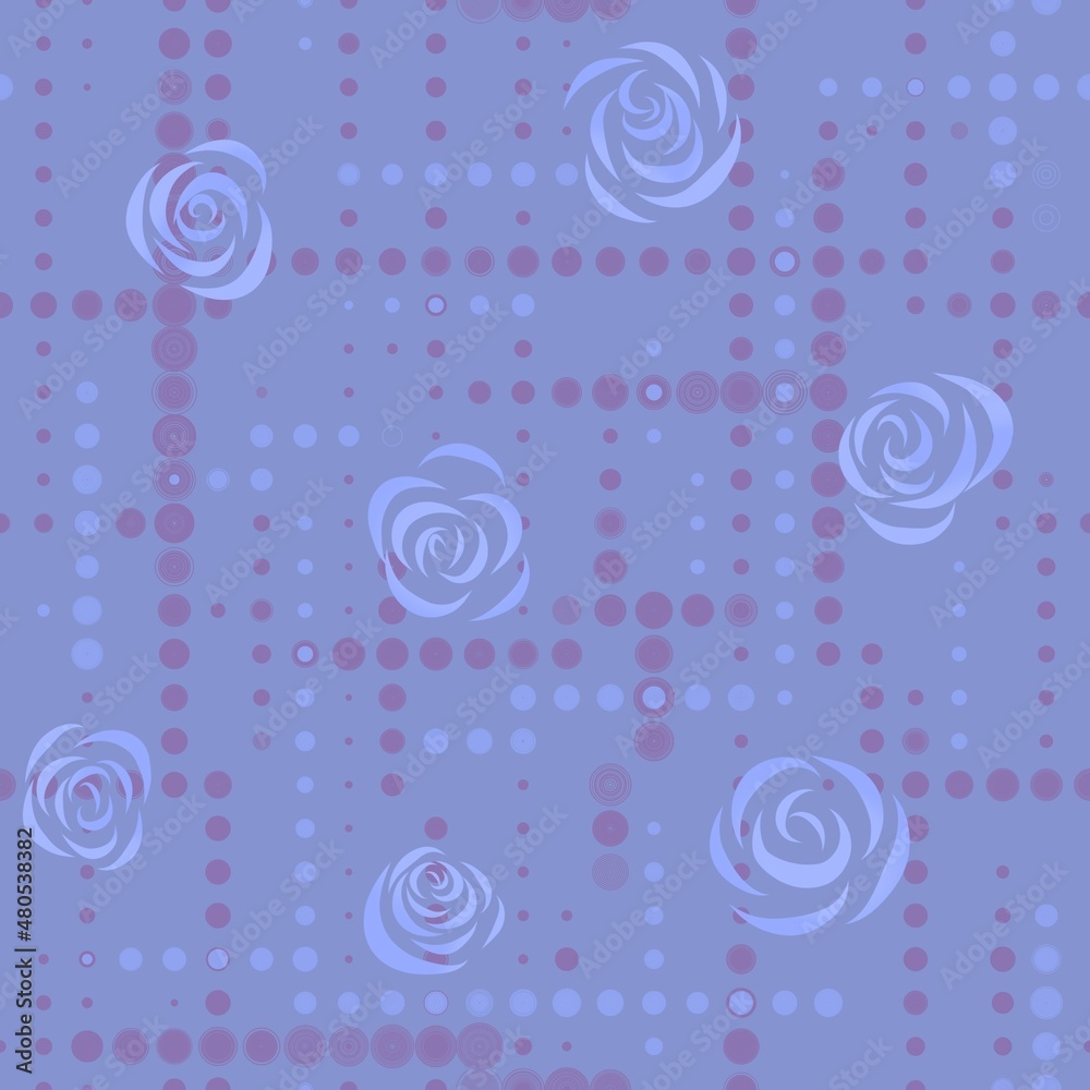 Soft seamless abstract pattern of light blue stylized flowers on a blue background with stripes of dots. Soft seamless abstract pattern of light blue stylized flowers on a blue background with stripes of dots.