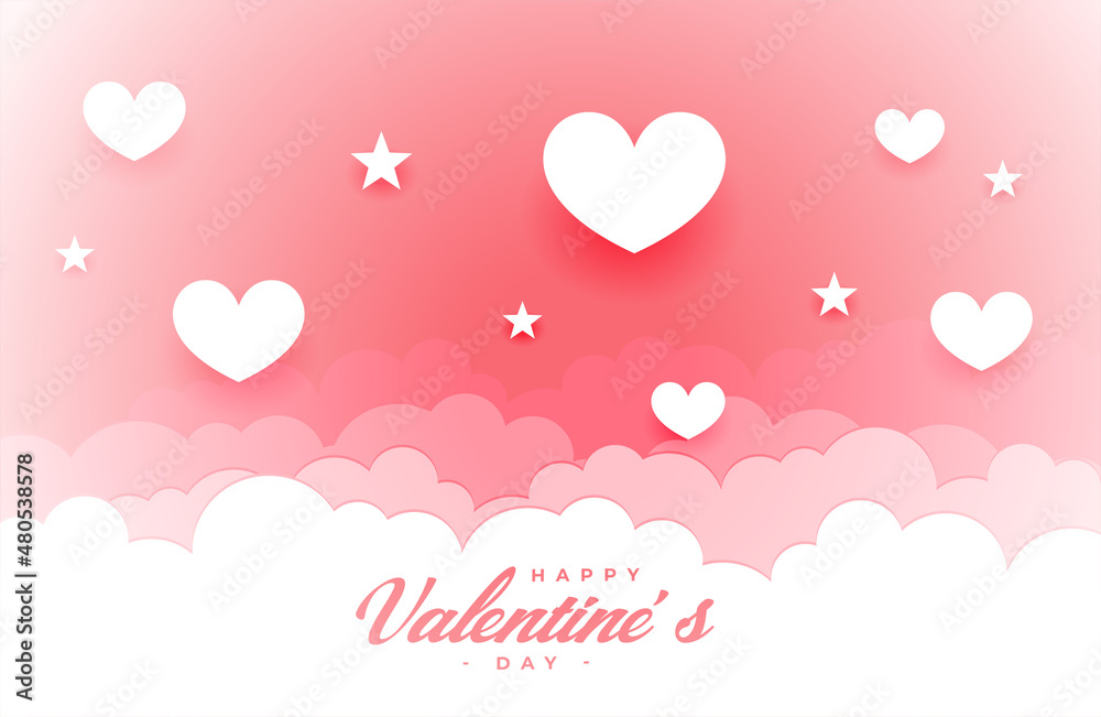 valentines day card in paper style with clouds and hearts
