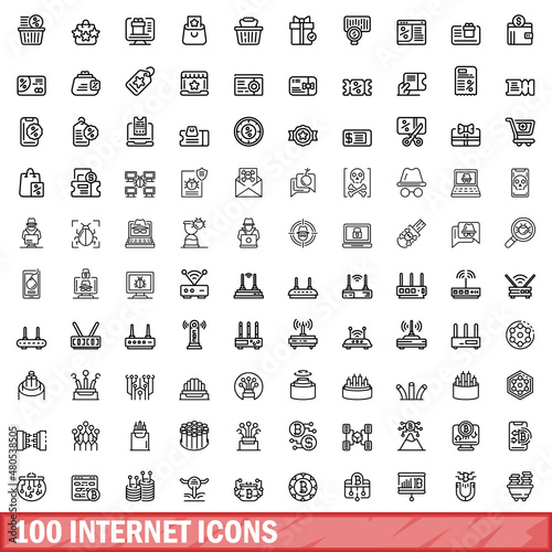 100 internet icons set, outline style