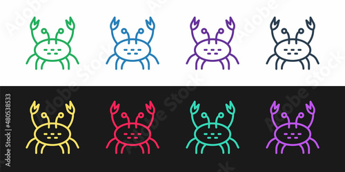 Set line Crab icon isolated on black and white background. Vector