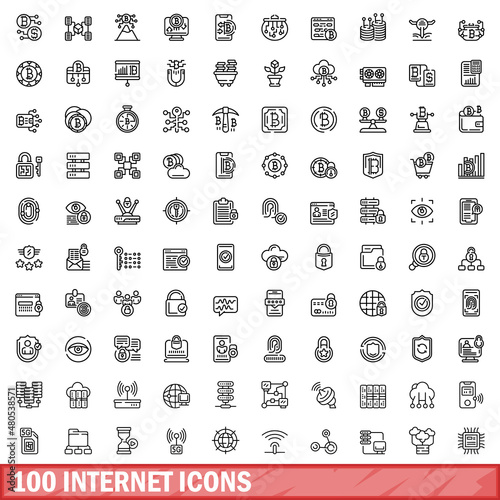 100 internet icons set, outline style