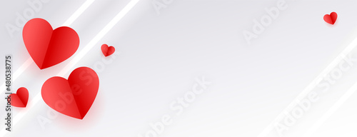 white valentines day banner with red hearts and neon lines