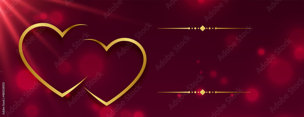 red bokeh valentines day banner with golden hearts and light effect
