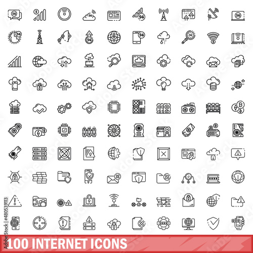 100 internet icons set, outline style